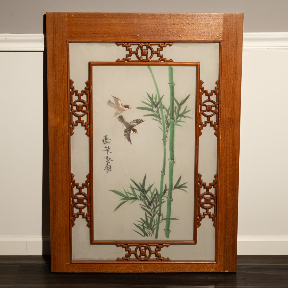 Mid-Century Asian Bamboo & Bird Wood Art: This striking piece of Mid-Century Modern Chinoiserie features a vertical composition of bamboo stalks and two sparrows, rendered in a traditional ink-and-wash style on a textile or paper backing. The