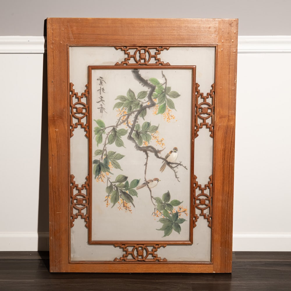 Asian Wood Framed Window Decor: Vintage Asian Wood Framed Silk PaintingThis elegant mid-century piece showcases a traditional Asian silk painting, likely Chinese in origin, featuring a delicate bird and floral motif rendered in soft