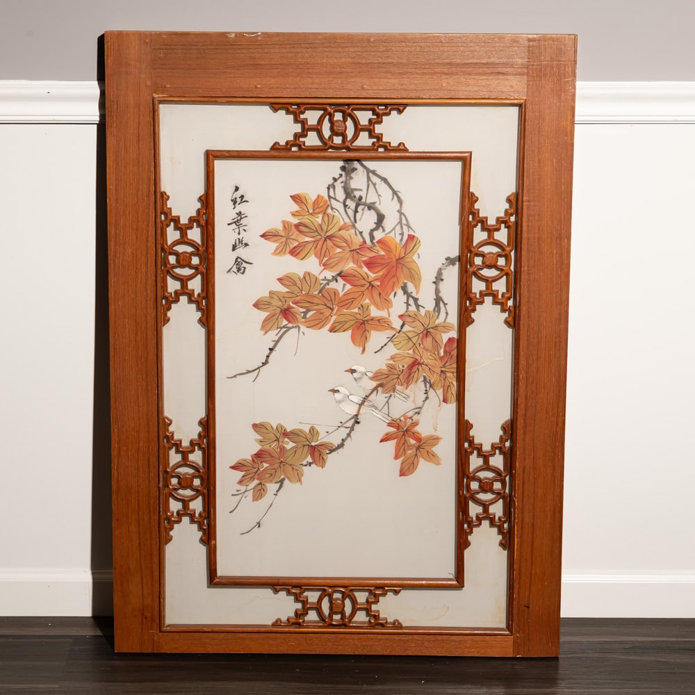 Vintage Asian Carved Wood Framed Silk: This elegant piece features a traditional Chinese ink and wash style painting of autumnal maple leaves on a silk or fine fabric ground, accented by a sophisticated dark wood frame with ornate geometri