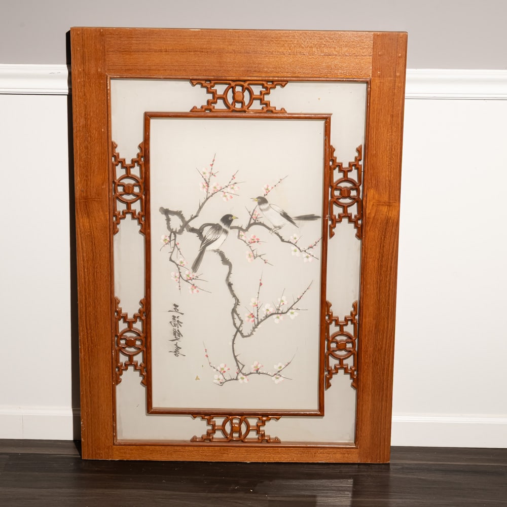 Chinese Silk Embroidery Bird & Blossom: This elegant piece of Chinese silk embroidery showcases a traditional "Bird and Flower" motif, featuring two magpies perched amidst blossoming plum branches, a classic symbol of luck and the arrival o