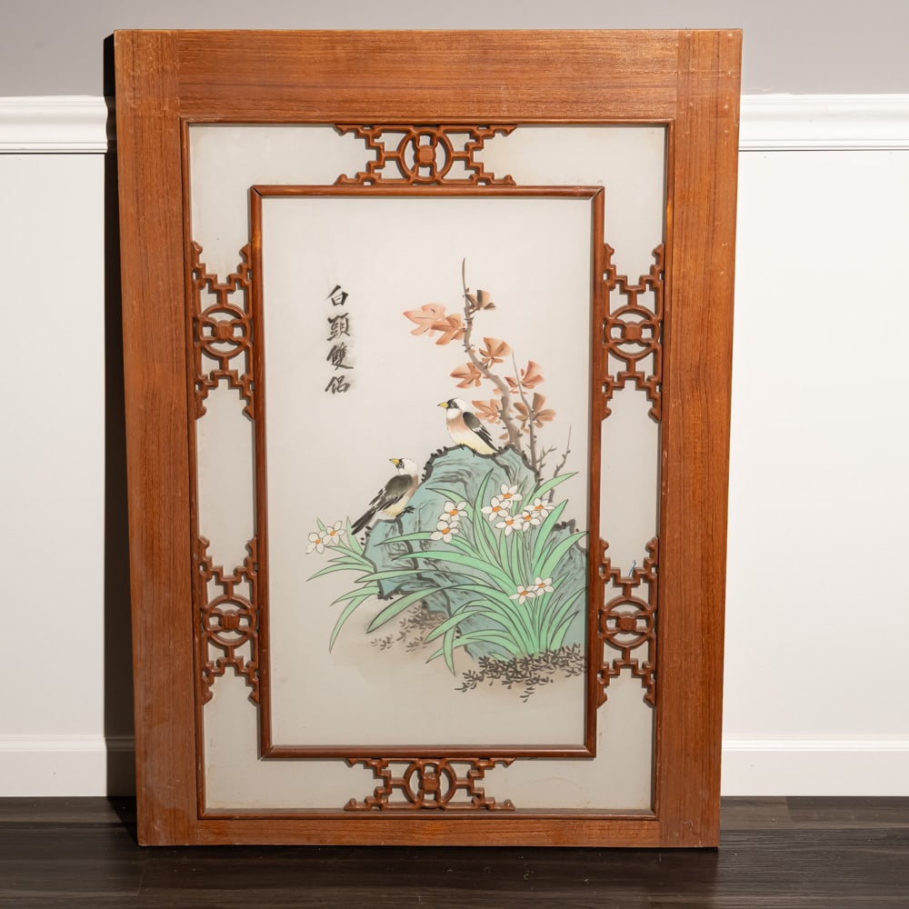 Chinese Silk Embroidery Bird & Floral: This exquisite piece of Chinese silk embroidery, likely dating from the mid-20th century, captures the "Baxian" or elegant aesthetic of traditional bird-and-flower painting. The work features two song
