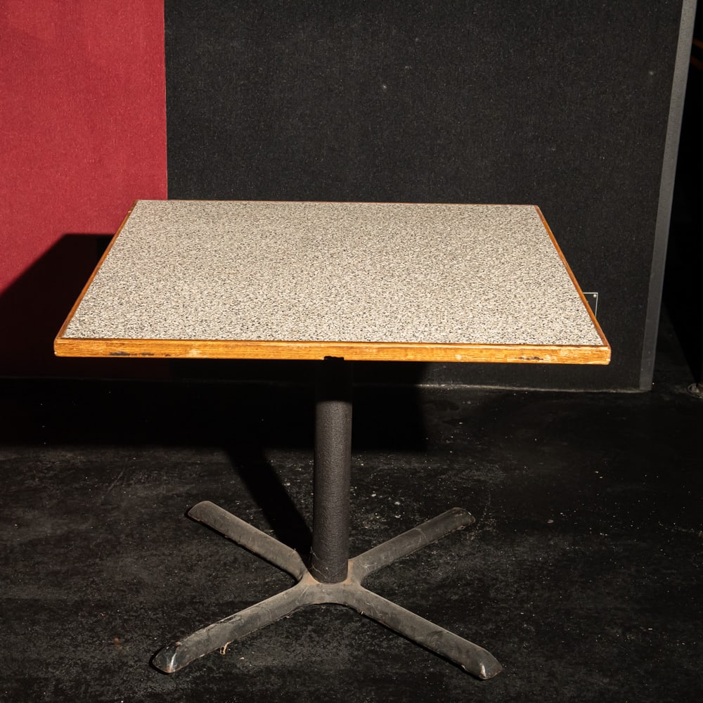 Square Top Restaurant Table: Restaurant style square Formica top table with steel base in used condition. Top measures 36" square. Please use photos to judge condition and bid accordingly. Please note: Buyer is responsible for