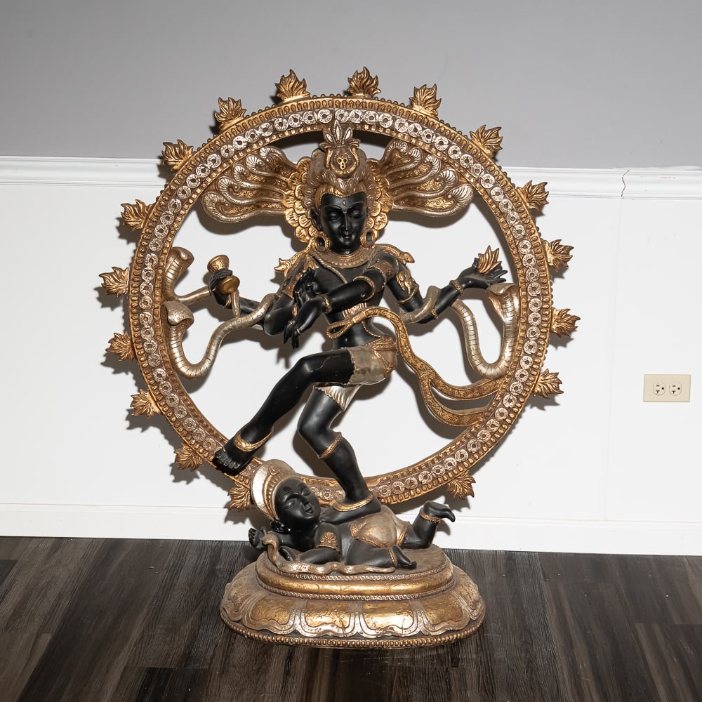 Large 4ft Cast Resin Nataraja Shiva Statue: This commanding 48-inch depiction of Shiva Nataraja, the "Lord of the Dance," is a classic mid-to-late 20th-century decorative work. Executed in a cast composite resin with a hollow interior, the piec
