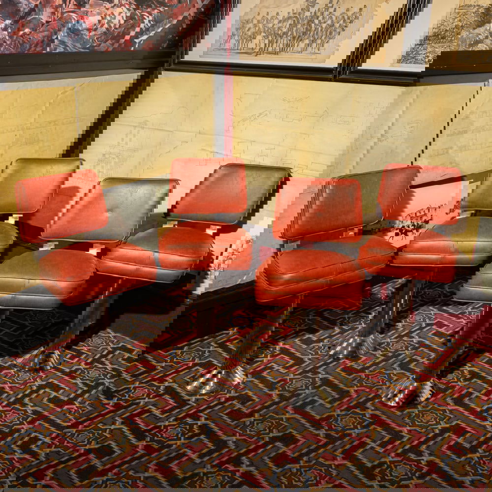 4 Restaurant Counter Swivel Stools: 4 matching 1960's - 70's restaurant style counter stools that swivel. Brown faux leather seats and backs on stainless steel floor mount pedestals in good condition. Each measure approx. 21"x16"x17". P