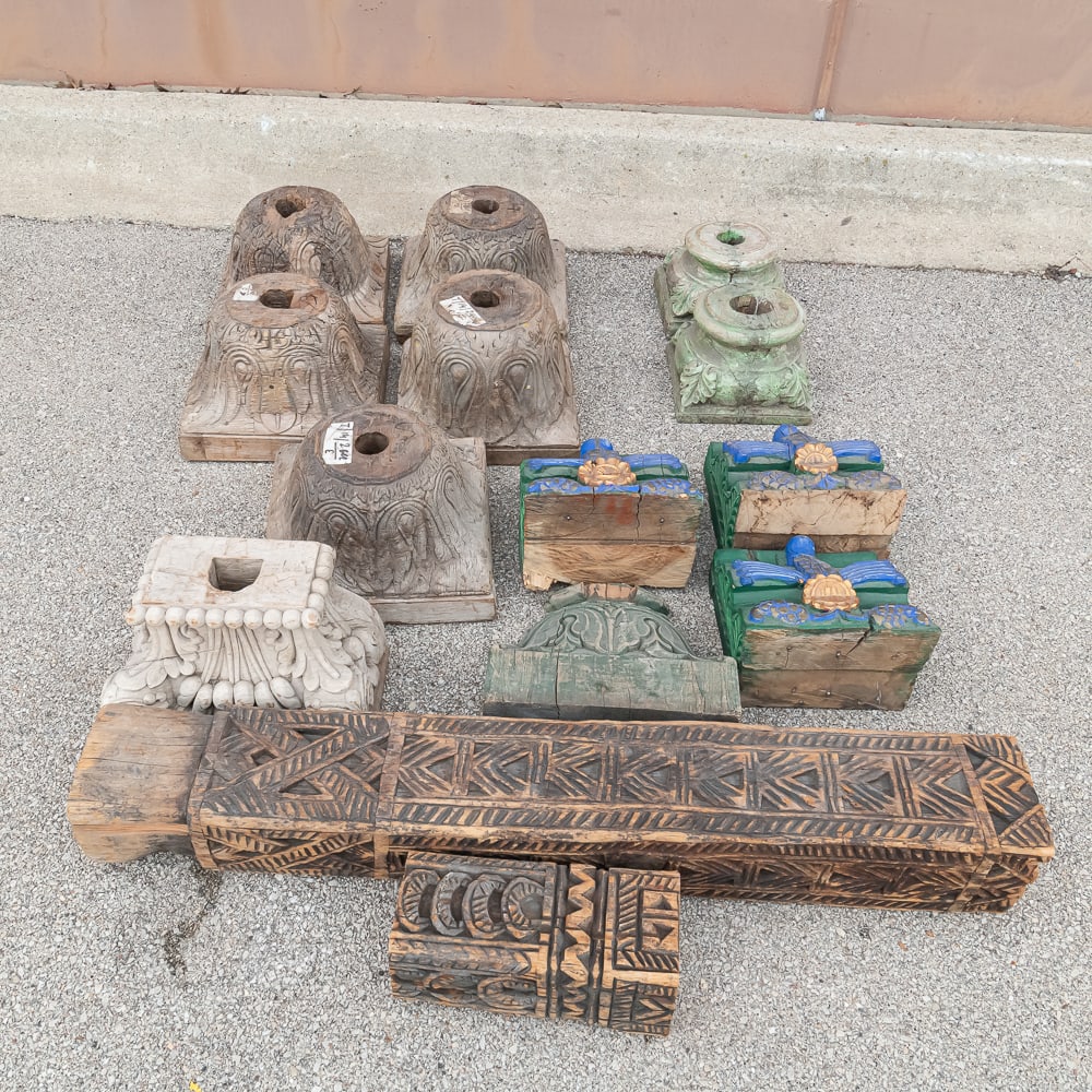 Antique Carved Architectural & Column Lot (14): This impressive collection of architectural salvage features hand-carved wooden components reflecting an eclectic mix of Greco-Roman and Anglo-Indian influences. The lot includes six substantial bell-