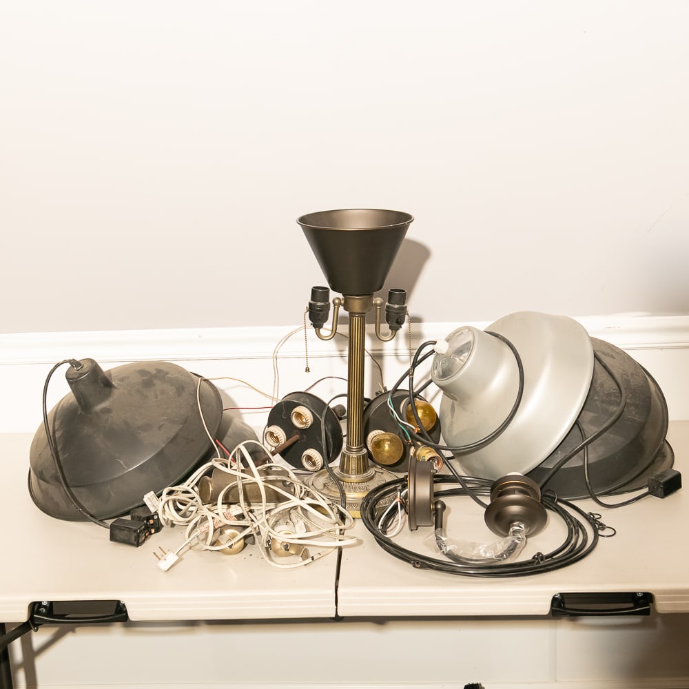 Assorted Miscellaneous Lamp Parts: A diverse collection of lighting components and fixtures, ideal for restoration projects or industrial-style DIY builds. This lot features several large, black-finished metal industrial dome shades al