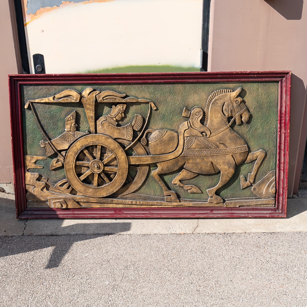 Large Chinese Horse Cart Wall Plaque Right Facing: This striking piece of Chinoiserie features a high-relief carved panel depicting a traditional horse-drawn chariot with regal figures, finished in an opulent gold-tone paint over a green textured back