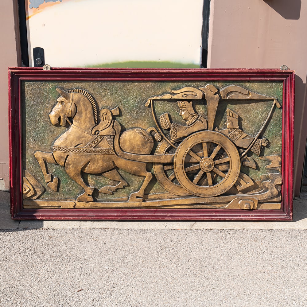 Large Chinese Horse Cart Wall Plaque Left Facing: This striking piece of Chinoiserie features a high-relief carved panel depicting a traditional horse-drawn chariot with regal figures, finished in an opulent gold-tone paint over a green textured back