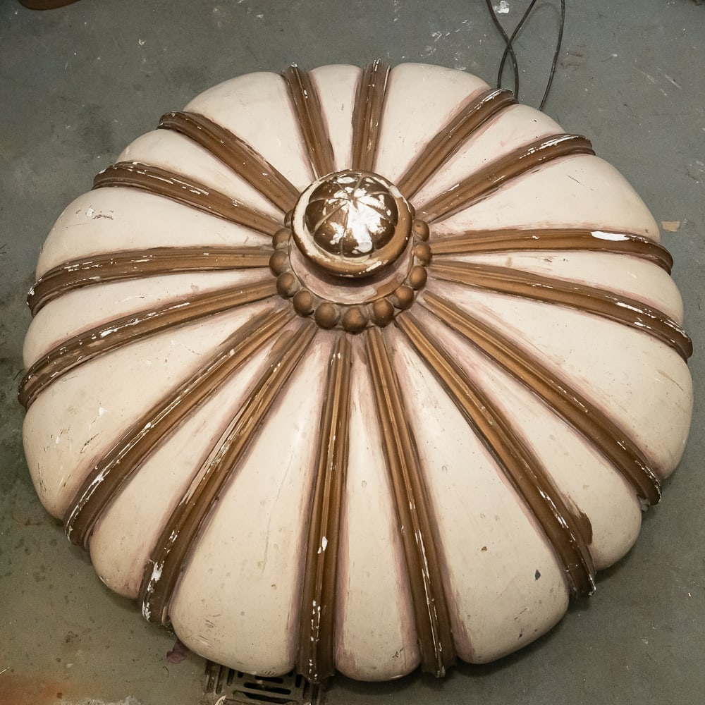 Neoclassical Gesso Ceiling Medallion Light: Note: Pickup/Transport required. Contacts available post auction. This is a substantial Neoclassical style architectural ceiling fixture, likely dating from the mid-20th century. The piece features a