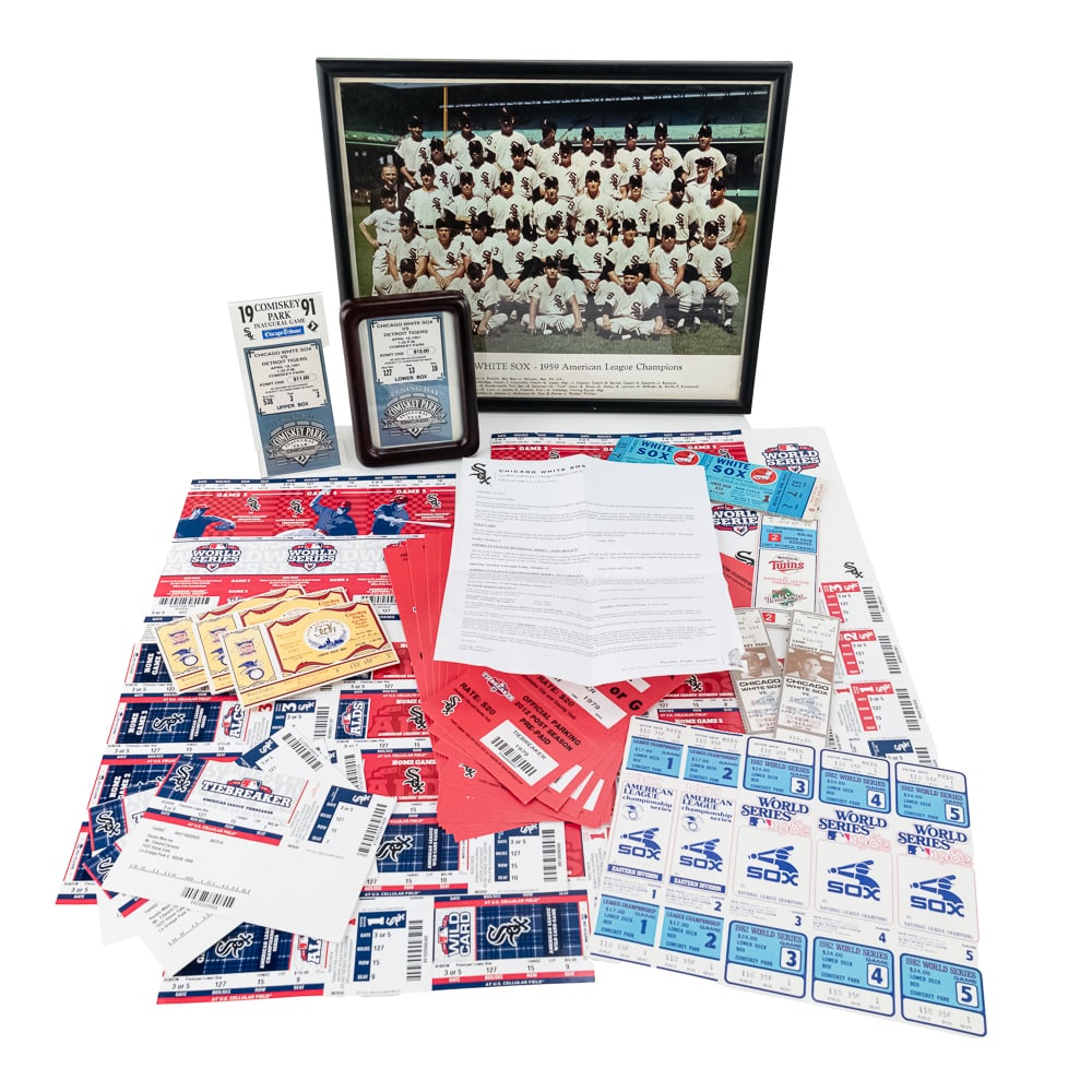 Chicago White Sox Collection Tickets Photo Passes+: Collection features Framed 1959 Chicago White Sox team photo (12" x 15") full set PHANTOM Chicago White Sox 1967 World Series tickets, (4) 1982 Chicago White Sox World Series PHANTOM TICKET complete S