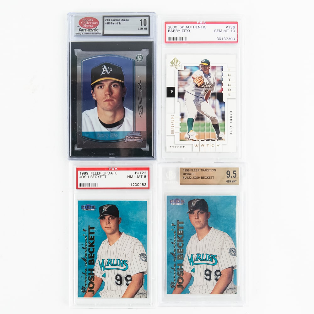 (4) Josh Beckett & Barry Zito PSA Rookie Cards: Collection showcases 2000 Bowman Chrome #419 Barry Zito Sports Collectors Digest 10 ; 2000 Upper Deck SP #136 Barry Zito PSA 10; 1999 Fleer Update Josh Beckett Beckett 9.5 & PSA 8. Perfect addition to