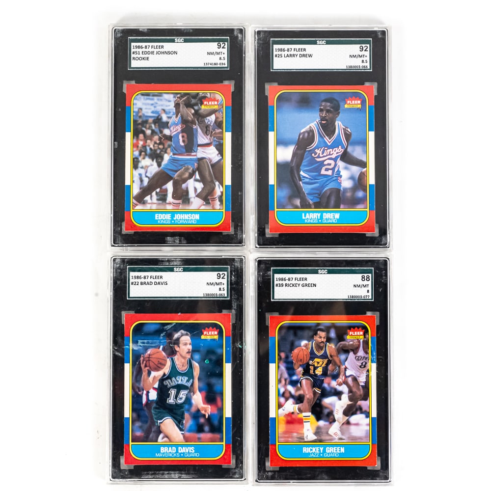 1986 NBA Fleer Davis Drew Johnson Green SGC+: Collection includes 1986 NBA Fleer #39 Rickey Green SGC 8, 1986 NBA Fleer #22 Brad Davis SGC 8.5, 1986 NBA Fleer #25 Larry Drew SGC 8.5 & 1986 NBA Fleer #51 Eddie Johnson SGC 8.5. Slabs show minor wea