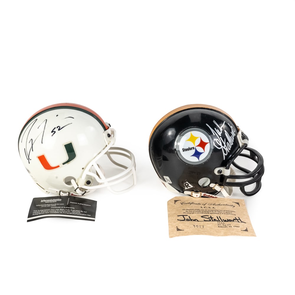 Ray Lewis & John Stallworth AUTO Mini Helmets: John Stallworth AUTOGRAPHED Pittsburgh Steelers Riddell mini helmet with paper COA AND Ray Lewis #52 AUTOGRAPHED Miami Hurricanes mini helmet with In Person Authentic COA 1001309. Great Gift Idea. Ver