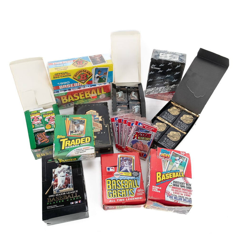 1980s & 1990s Wax Packs & Factory Sets Topps Fleer: Collection showcases 1991 Leaf MLB sealed wax box, 1992 Score Pinnacle MLB series 1 wax box open missing a coupe packs, 1992 Score Pinnacle open wax with 23 unopened packs, 1990 Topps Traded MLB wax b