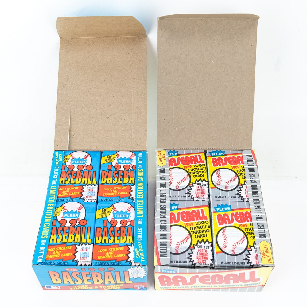 1989 Fleer MLB & 1990 Fleer MLB Wax Boxes: Collection features (1) 1989 Fleer MLB & (1) 1990 Fleer MLB wax boxes. Good overall condition with the boxes showing some age and wear; open & missing cellophane however packs appear complete, 