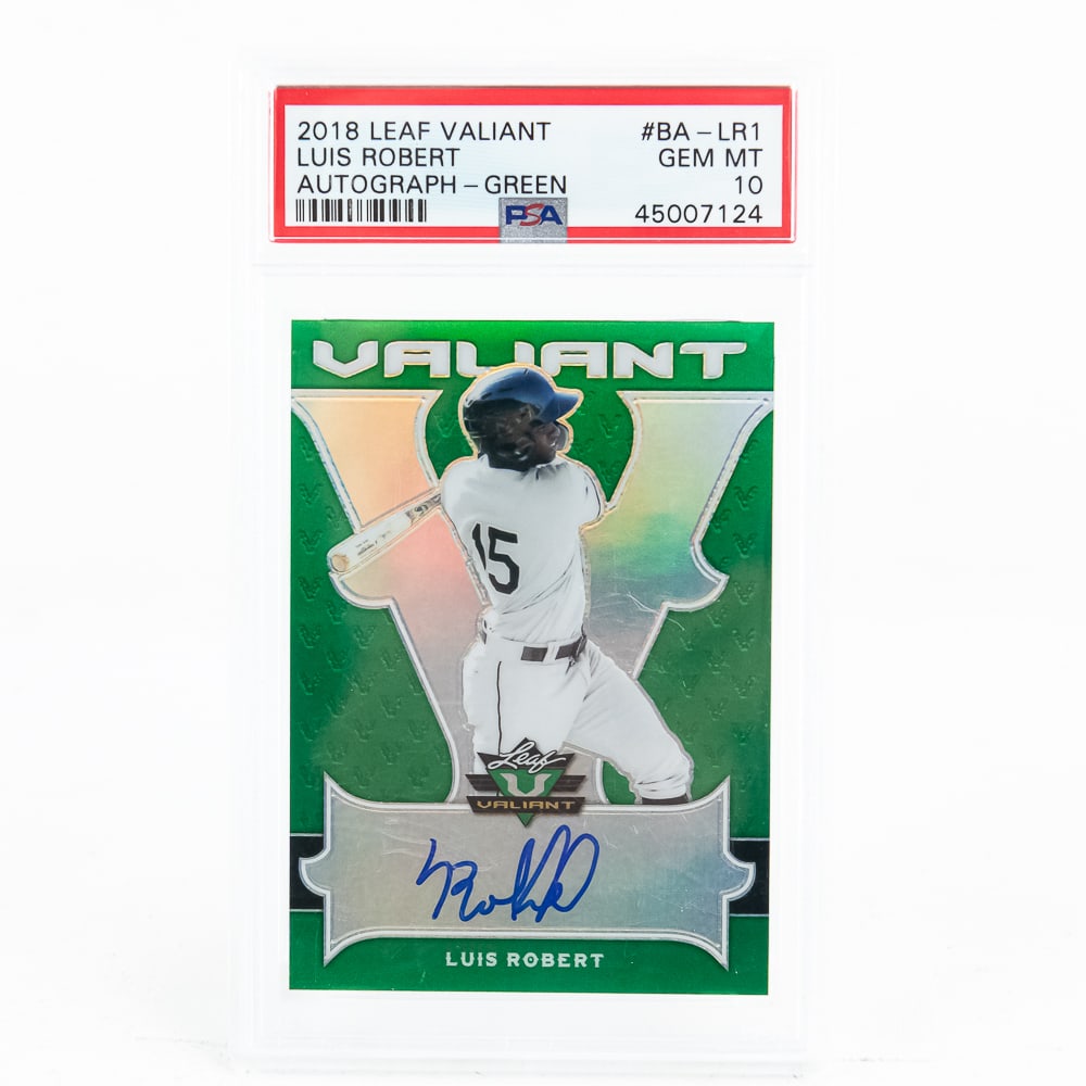 2018 Leaf Valiant Luis Robert Auto Green PSA 10: 2018 Leaf Valiant #BA-LR1 Luis Robert Autograph Rookie Card, Green 97/99 PSA slabbed and graded Gem Mint 10 #45007124. Eye catching card with a low PSA population of only 9. Perfect addition to your