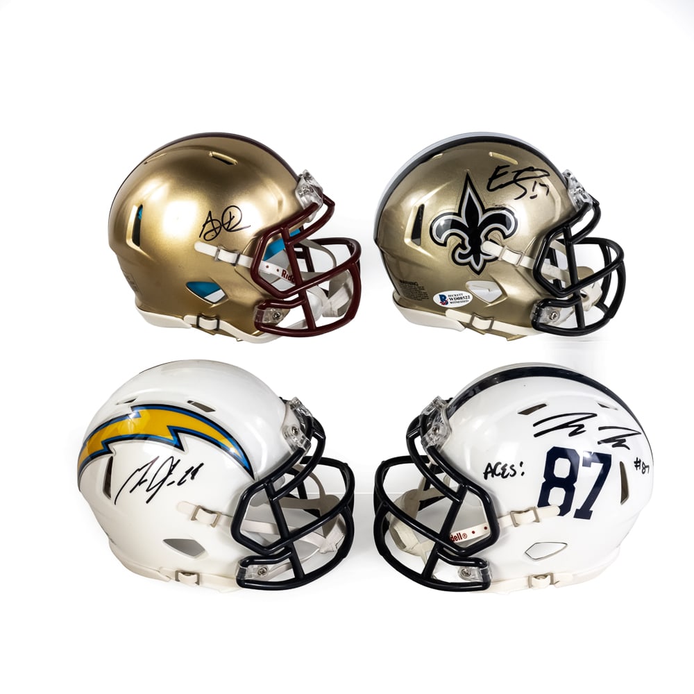 Collection of (4) AUTOGRAPHED NFL NCAA Mini Helmet: Emmanuel Sanders #17 AUTOGRAPHED New Orleans Saints mini helmet with Beckett COA WD08522, Pat Freiermuth AUTOGRAPHED Penn St. Lions Riddell mini helmet with JSA COA SD109069, AJDillion AUTOGRAPHED Bos