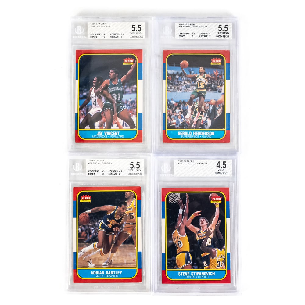 1986 NBA Fleer Dantley Henderson Vincent Beckett: Collection features 1986 NBA Fleer #21 Adrian Dantley Beckett 5.5, 1986 NBA Fleer #45 Gerald Henderson Beckett 5.5, 1986 NBA Fleer #106 Steve Stipanovich Beckett 4.5 & 1986 NBA Fleer #118 Jay Vincent