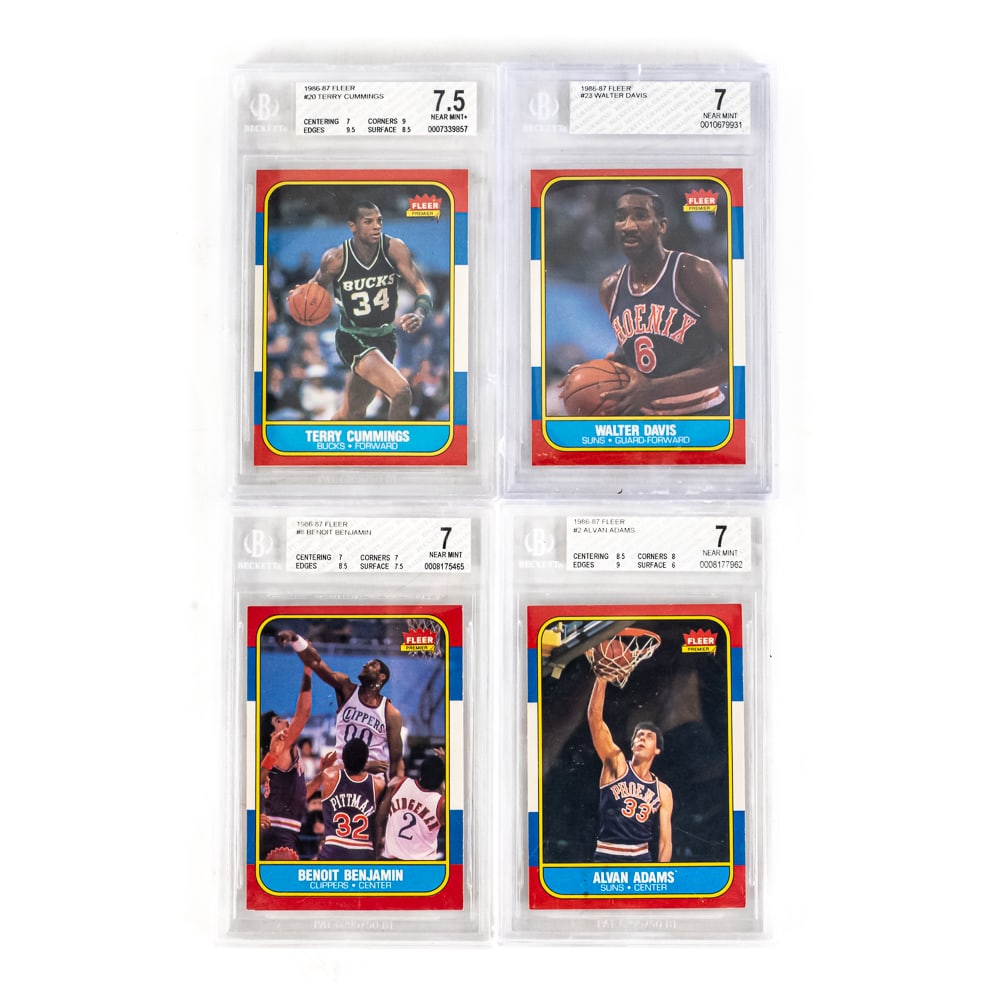 86 NBA Fleer Adams Benjamin Cummings Davis Beckett: Collection features 1986 NBA Fleer #2 Alvan Adams Beckett 7, 1986 NBA Fleer #8 Benoit Benjamin Beckett 7, 1986 NBA Fleer #20 Terry Cummings Beckett 7.5 & 1986 NBA Fleer #23 Walter Davis #23 Beckett 7.