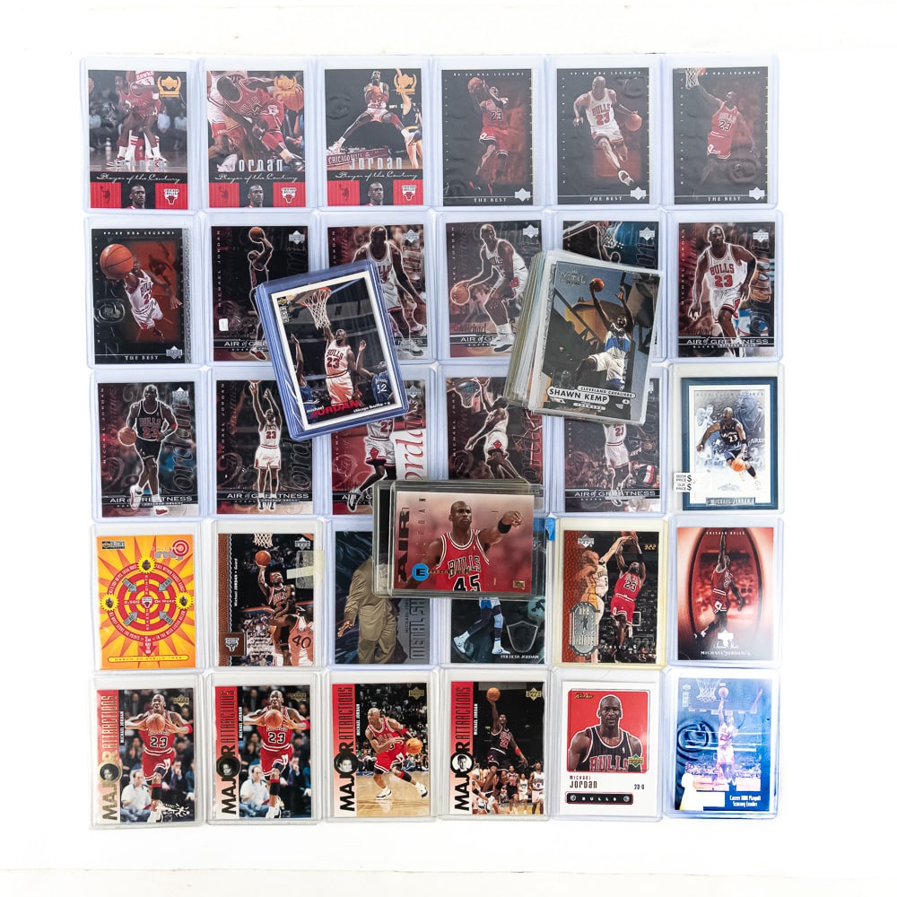 (45) Assorted Michael Jordan NBA Cards & All Stars: Collection of (45) assorted Michael Jordan raw NBA sports cards including issues from Upper Deck including Collectors choice & Major Attractions+ with some Metal ALONG WITH (65) assorted (mostly metal