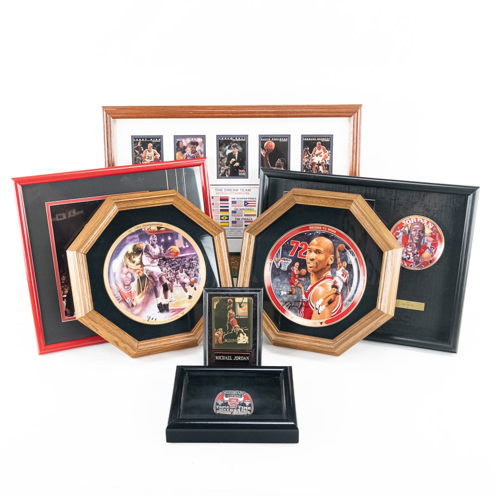 Dream Team & Michael Jordan Framed Wall Art: Collection features handsome "Dream Team" framed card display ( 18"t x 21.5"), striking red frame Jordan action shot with button (14" x 15.5"), Framed Jordan photo with mini plate (13" x17"), Michael