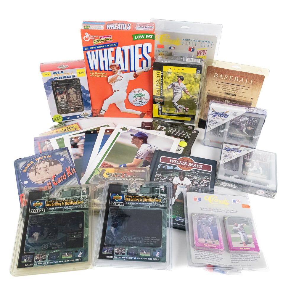 Eclectic MLB Baseball Collection NIB Cards & More: Collection showcases 1995 Megacards Ken Griffey Jr Wish List sealed Card Collection, NIB 1990 & 1991 Classic MLB Board Game with cards, Ken Burns Baseball The American Epic Trading Card Set with speci