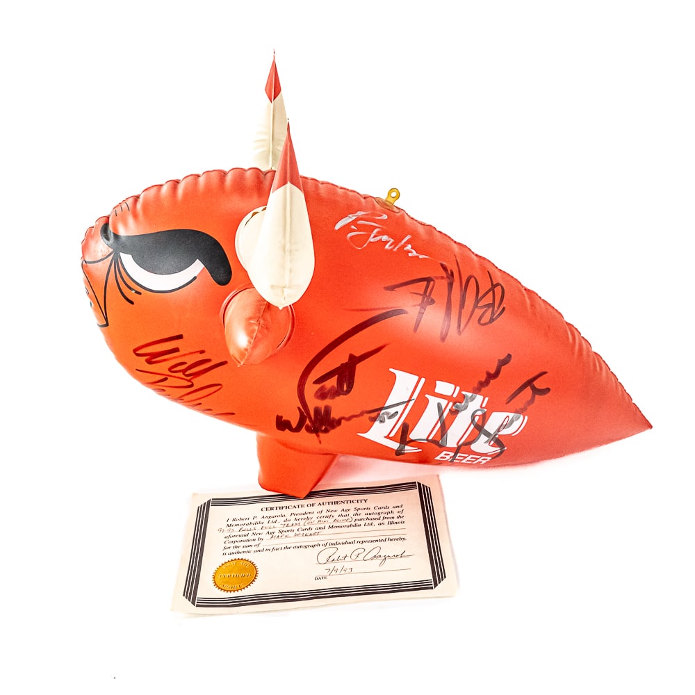 92-93 Chicago Bulls Team Autographed Bulls Blimp: Supercool and possibly one of a kind 1992-1993 Chicago Bulls team autographed Miller MGD Chicago Bulls Blimp with COA. (12) featured signatures include Michael Jordan, Phil Jackson, Horace Grant, Will
