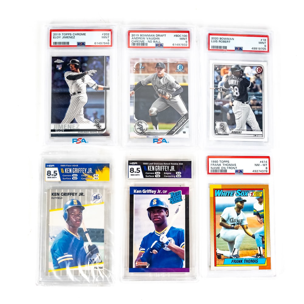 1989 Fleer & Leaf Donruss RR Ken Griffey Jr RC &++: Collection showcases 1989 Fleer #548 Ken Griffey Jr RC HGA slabbed and graded 8.5, 1989 Leaf Donruss Ken Griffey Jr Rated Rookie #33 HGA slabbed and graded 8.5, 1990 Topps Frank Thomas Name on Front