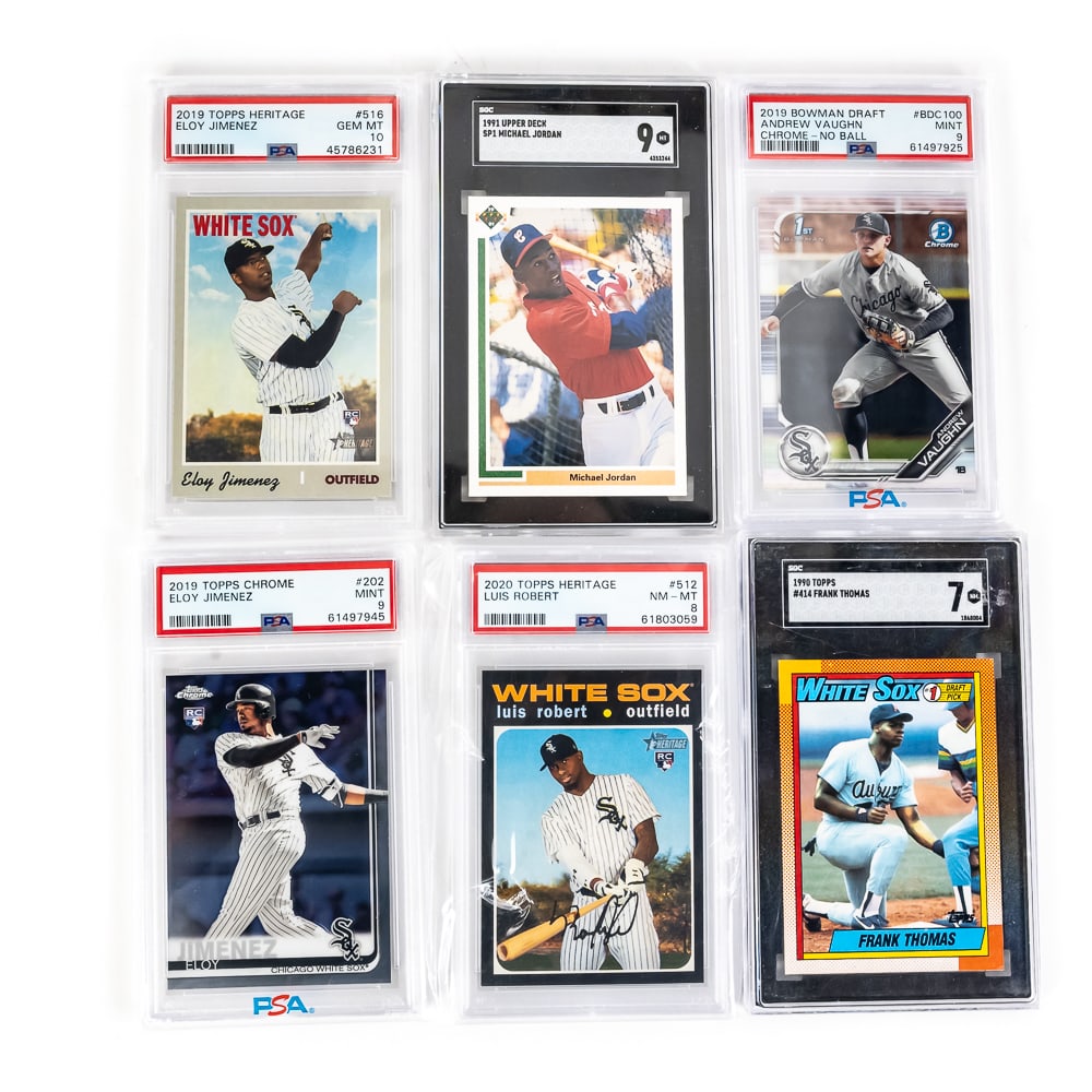 1991 Upper Deck Michael Jordan SP1 SGC 9 & 5 Slabs: Collection showcases 1991 Upper Deck SP1 Michael Jordan SGC 9, 2019 Topps Heritage Eloy Jimenez #516 PSA 10, 2019 Bowman Draft Andrew Vaughn Chrome#BDC100 No Ball PSA 9, 2019 Topps Chrome Eloy