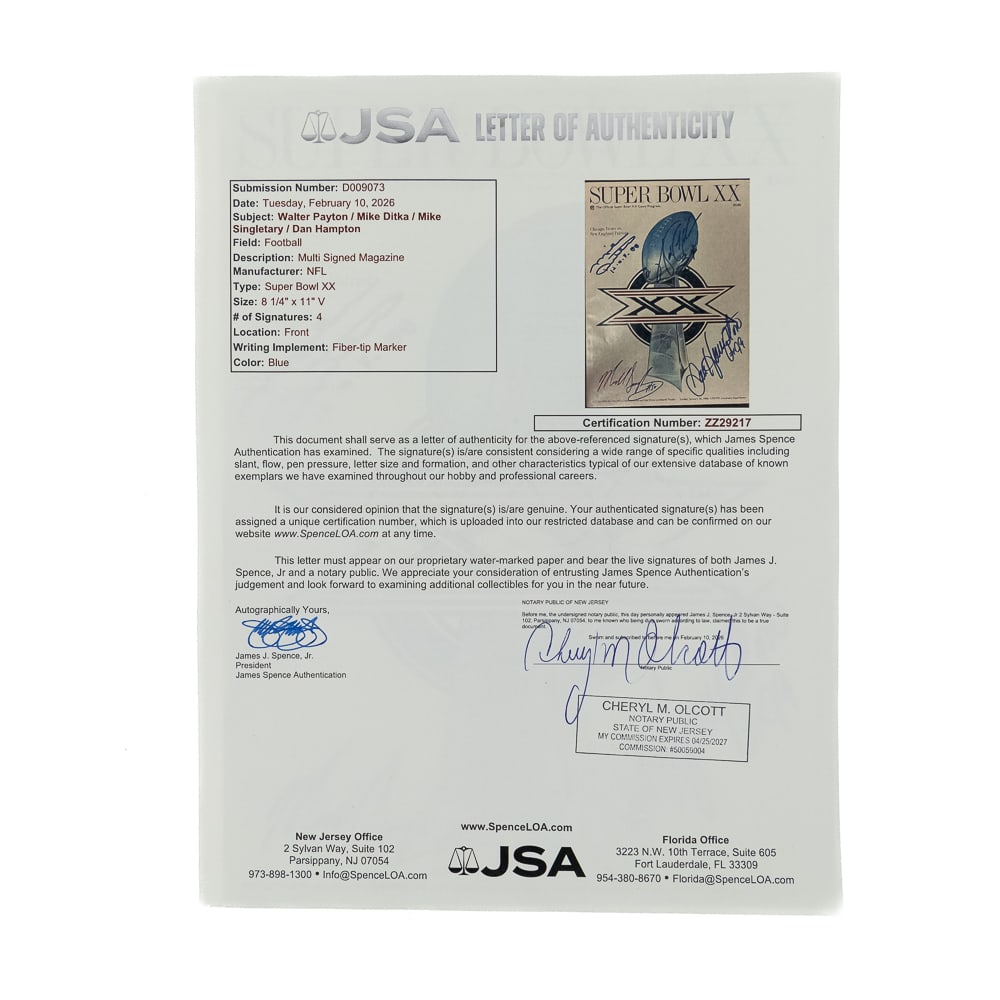 Ditka Payton Singletary Hampton AUTO SB XX Program - 2