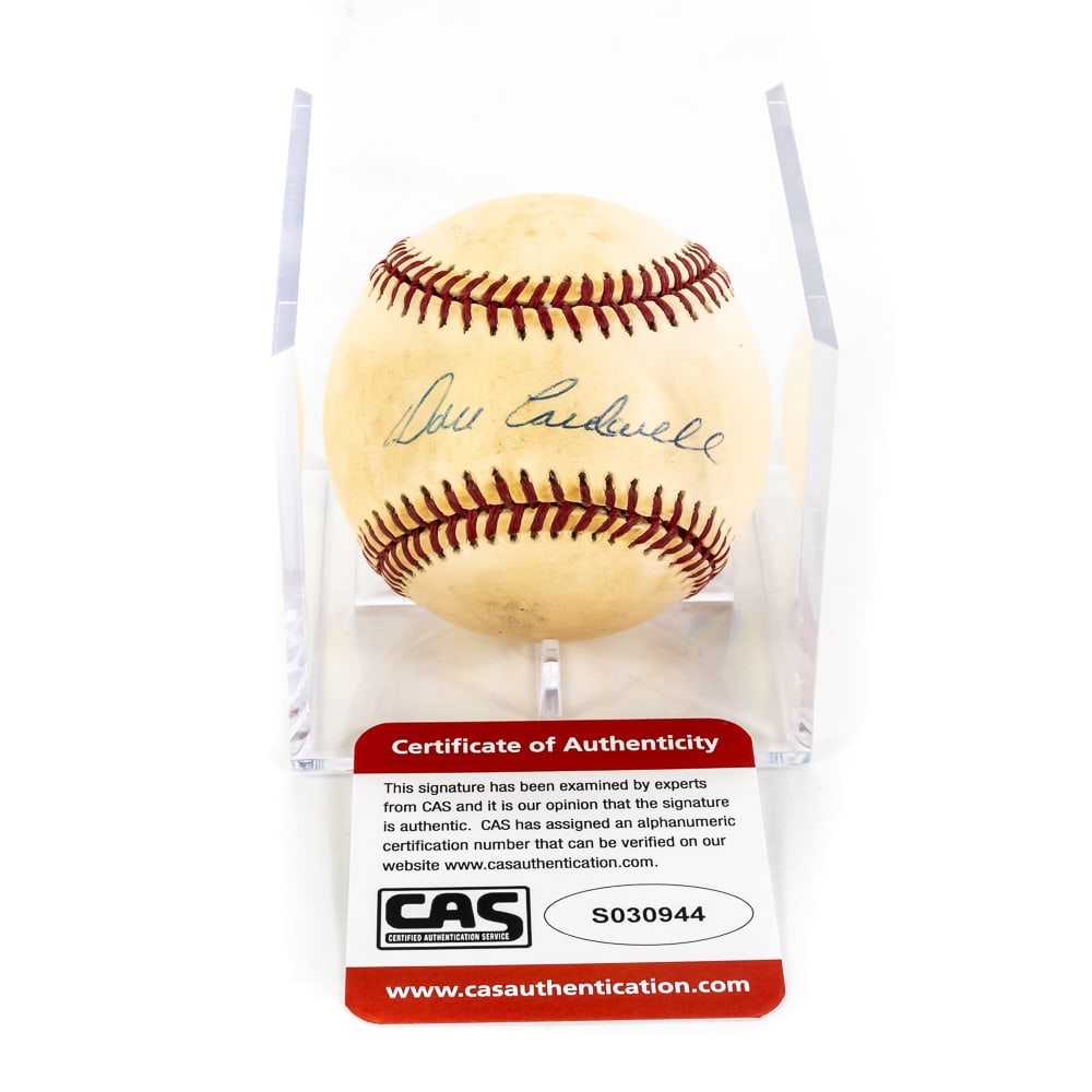 Don Cardwell AUTOGRAPHED NL Ball CAS COA: Don Cardwell AUTOGRAPHED Rawlings Official National League baseball with CAS COA. Showcases bold blue sweet spot ink pen signature. Don was the first pitcher to throw no hitter after being traded. Pre