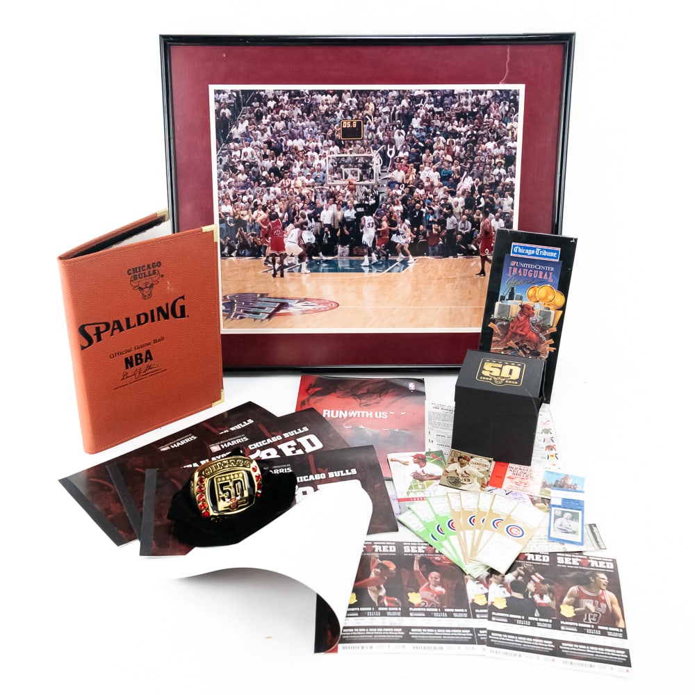 Chicago Bulls Collectibles & More Tickets Photo ++: "Jordan's Last Shot" framed photo (22" x 26") 1994 United Center Inaugural Game Bulls v Hornets 11" tribune framed ticket, Chicago Bulls JUMBO commemorative "Ring" w box, 2010 NBA Playoffs Bulls ticke