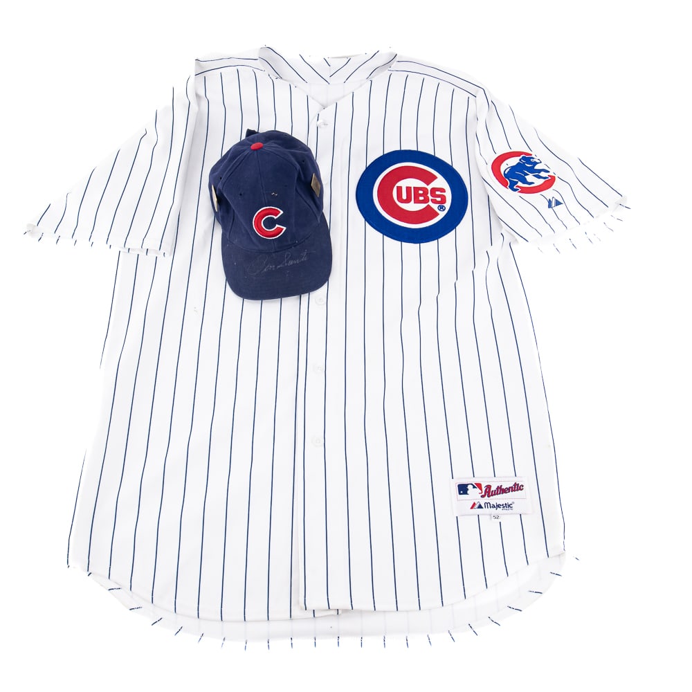 Nomar Garciaparra AUTO Jersey Ron Santo AUTO Hat: Collection showcases Ron Santo Autographed Chicago Cubs hat with 1999 Cubs Convention Pin ALONG WITH Nomar Garciaparra AUTOGRAPHED Chicago Cubs pinstripe Majestic Jersey size 52. Perfect addition to y
