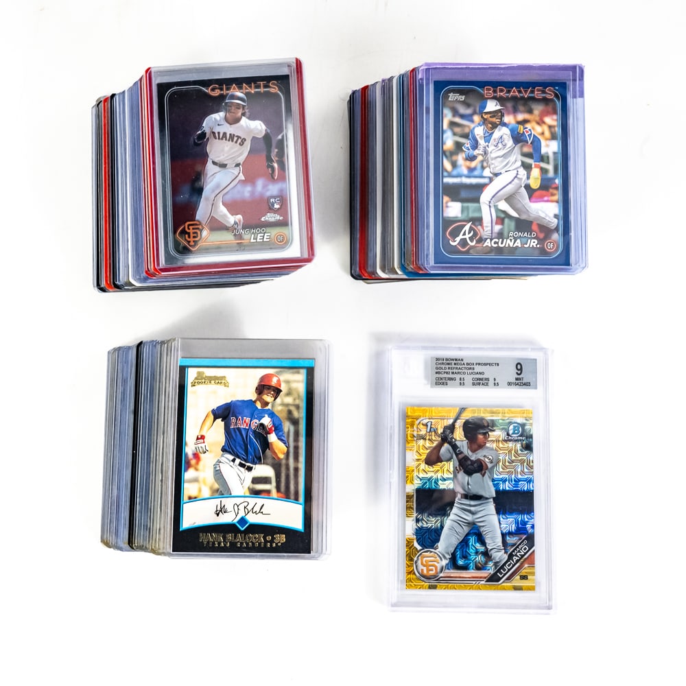 2019 Bowman Chrome Mega GOLD M. Luciano /85 +More: Collection features 2019 Bowman Chrome Mega Box Prospects Gold Refractors #BCP82 Marco Luciano 33/50 slabbed and graded by Beckett 9 Mint along with an additional (85) Prospect, Rookie and assorted ML