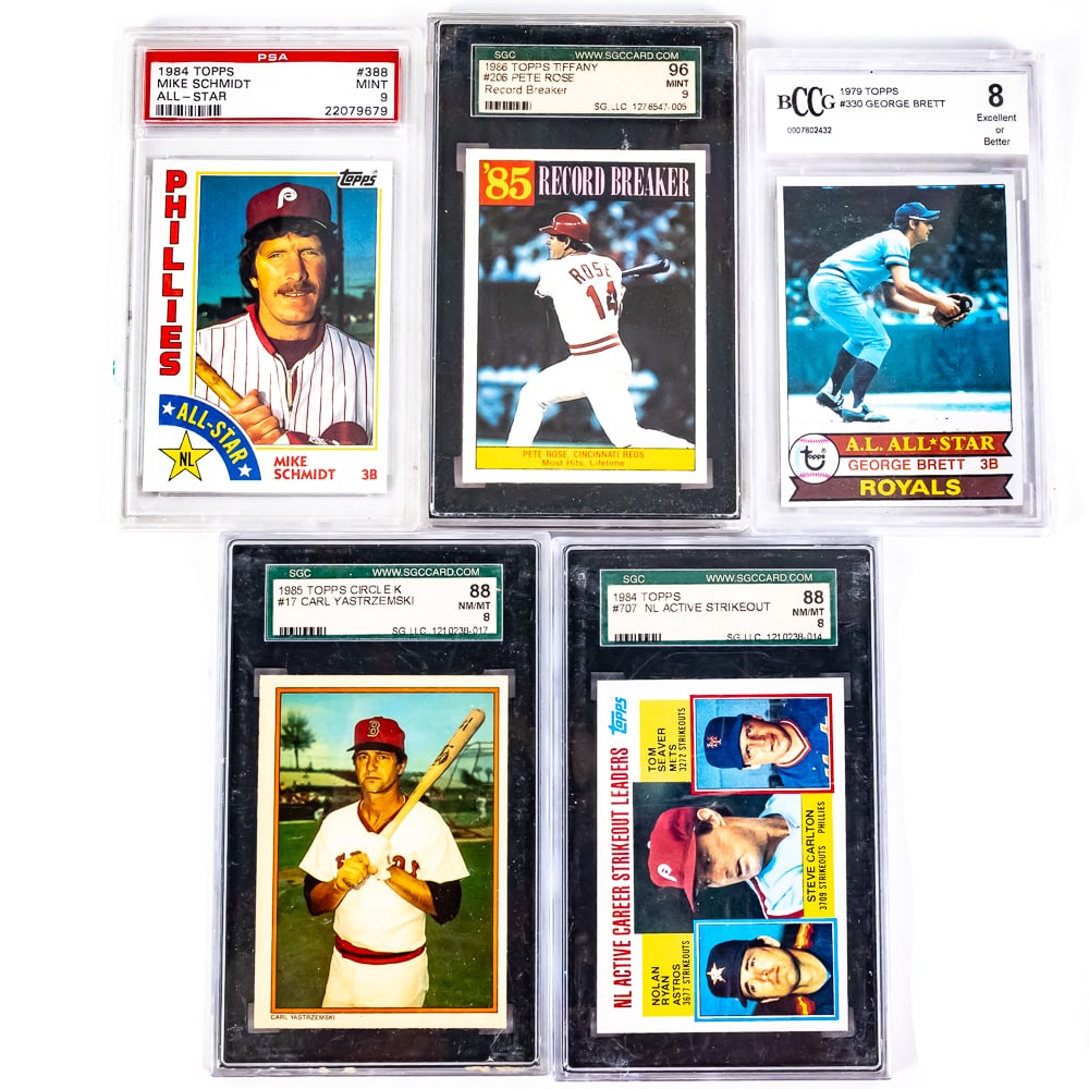 86 Topps Tiffany Pete Rose SGC 9 Brett Schmidt &++: Collection showcases 1986 Topps Tiffany #206 Pete Rose Record Breaker SGC 9, 1979 Topps #330 George Brett BCCG 8, 1984 Topps #707 NL Strikeout Leaders SGC 8, 1985 Topps Circle K #17 Carl Yastrzemski S