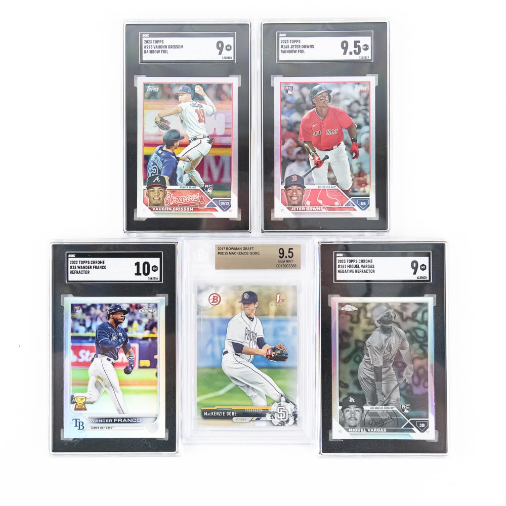 MLB Slabbed Card Assortment Franco Vargas Downs +: Featuring 2023 Topps Chrome #161 Miguel Vargas Negative Refractor SGC 9, 2023 Topps #165 Jeter Downs Rainbow Foil SGC 9.5, 2022 Topps Chrome #35 Wander Franco Refractor SGC 10, 2023 Topps #275 Vaughn