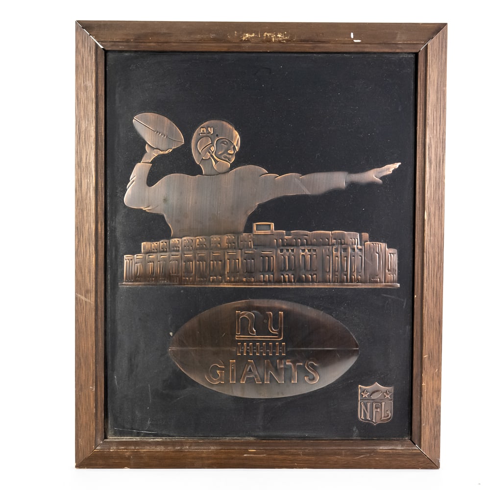 '60s New York Giants Acrometal Vintage NFL Plaque: 1960s New York Giants Acrometal framed vintage NFL wall plaque. Presents well and is perfectly accented in a 23" t x 19"l solid wood frame. Very good overall condition with some signs of age and wear