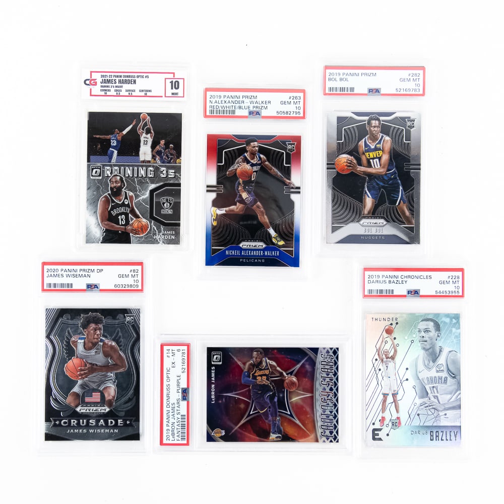 NBA Slabbed Card Assortment Harden James Bazley++: Slabbed NBA collection featurinf 2021-22 Panini Donruss Optic James Harden #5 Raining 3s Insert CG slabbed and graded 10, 2019 Panini Donruss Optic #14 LeBron James Fantasy Stars Purple PSA 6, 2019 Pa