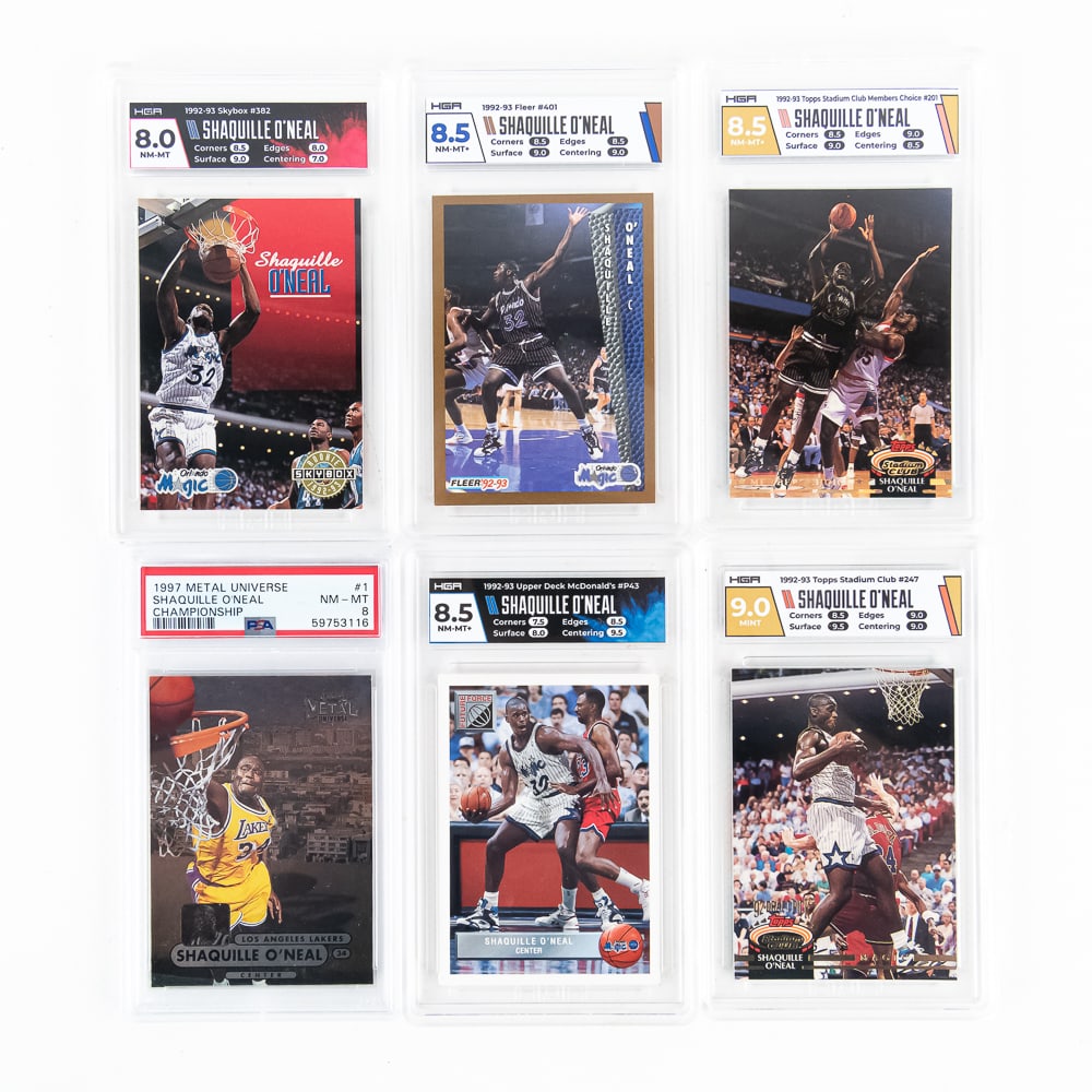 NBA Slabbed Card Assortment Shaquille O'Neal +: Showcasing 1997 Metal Universe #1 Shaquille O'Neal Championship PSA 8, 1992-93 Upper Deck McDonlalds #P43 Shaquille O'Neal HGA 8.5, 1992-93 Fleer #401 Shaquille O'Neal HGA 8.5, 1992-1993 Skybox #382 H