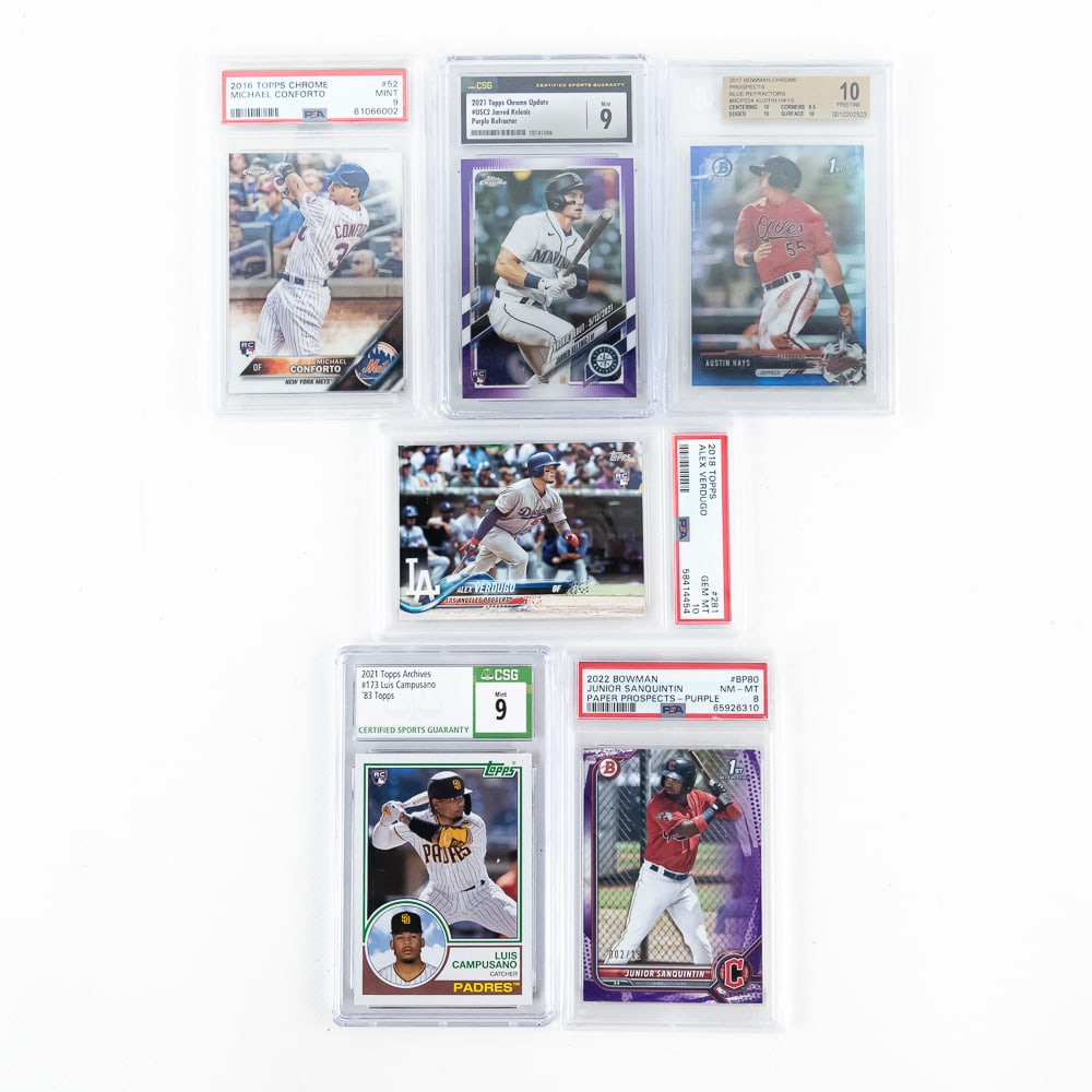 MLB Bassball Slabbed Card Assortment Hays Capusano: Collection features 2017 Bowman Chrome Prospects Blue Refractor #BCP224 Austin Hays Beckett 10 074/150, 2021 Topps Achieves #173 Luis Campusano CSG 9, 2022 Bowman Junior Sanquintin #BP80 Paper Prospec