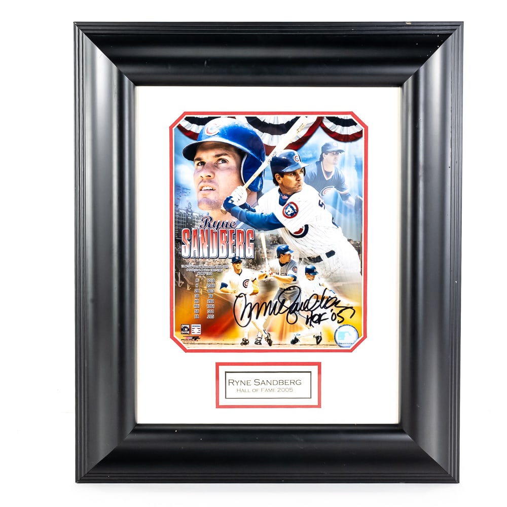 Framed Ryne Sandberg Autographed '05 HOF Print COA: Framed Ryan Sandberg AUTOGRAPHED with HOF 05 inscription MLB licensed Cooperstown Collection Print. Approximately 18.5" x 115.5" and perfectly presented in handsome simplistic black frame perfectly ac