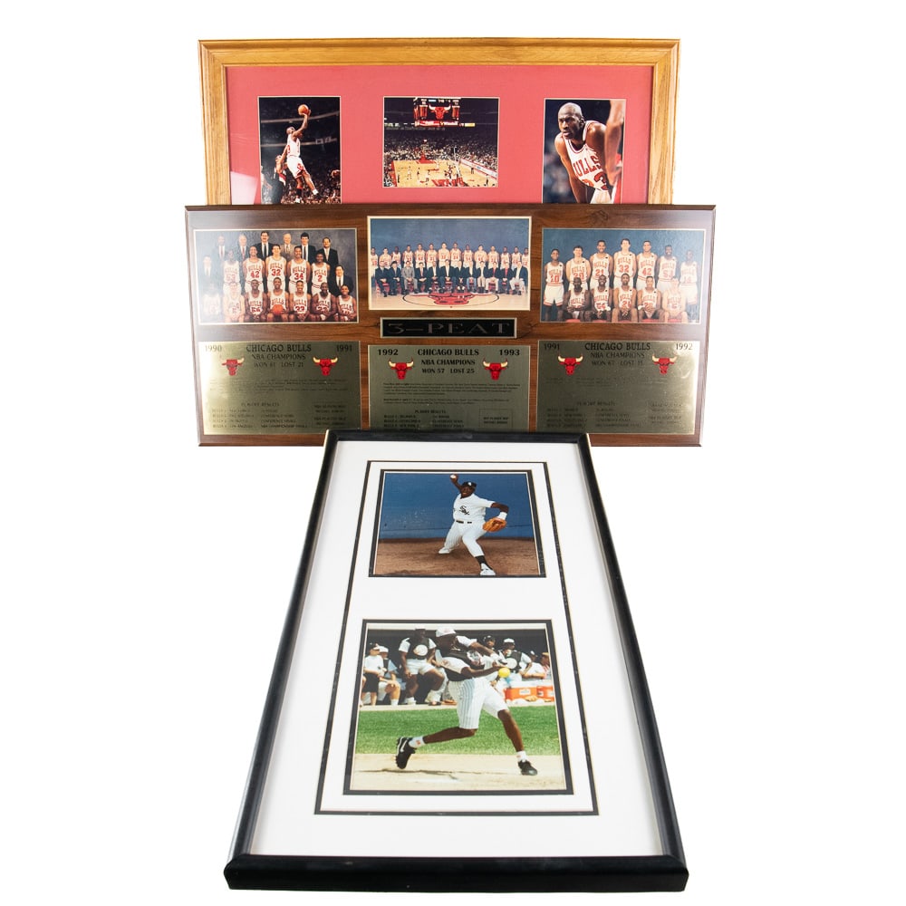 Chicago Bulls Michael Jordan Framed Wall Art: Collection of assorted Chicago Bulls framed wall art featuring Chicago Bulls 1991 & 1992 framed & matted collage of (6) Michael Jordan & Chicago Bulls NBA Finals photos each signed by Schuth with fibe