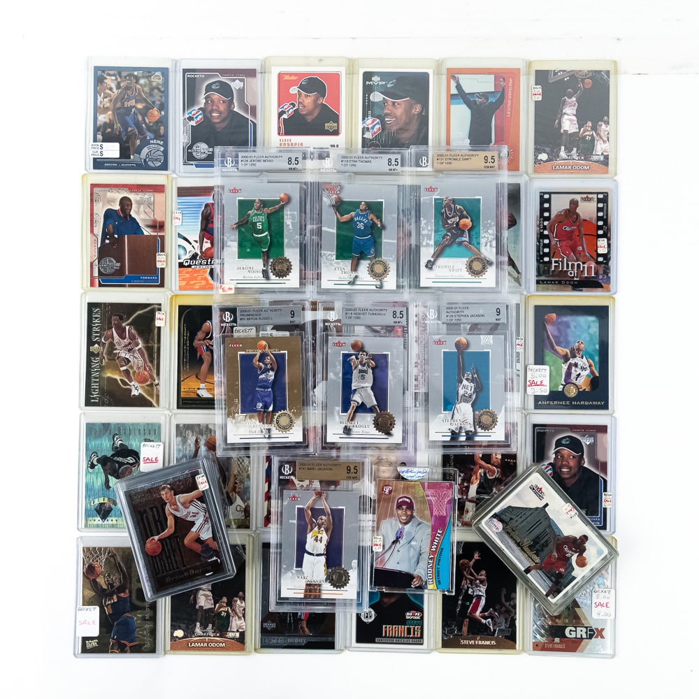 (7)2000-01 Fleer Authority Slabs & (50) Stars RCs+: NBA basketball collection featuring 2000-01 Fleer Authority #141 Mark Jackson Beckett 9.5, 2000-01 Fleer Authority Prominence #55 Byron Russell Becket 9, 2000-01 Fleer Authority #118 Hidayet Turkaglu