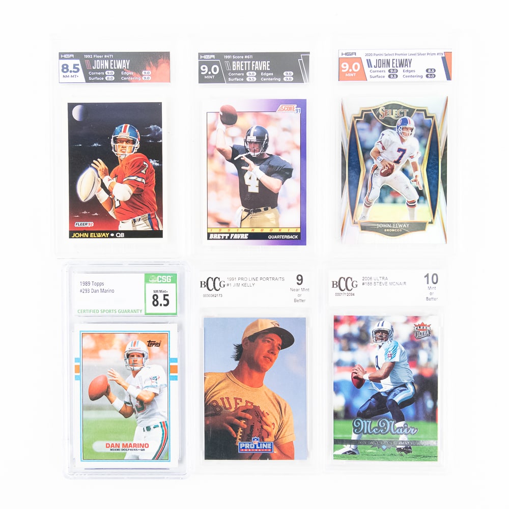 NFL Slabbed Card Assortment Elway Marino Favre ++: Featuring 1989 Topps #293 Dan Marino CSG 8.5, 1991 Pro Line Portraits #1 Jim Kelly BCCG 9, 1991 Score #611 Brett Favre HGA 9, 1992 Fleer #471 John Elway HGA 8.5, 2020 Select Premier Level Silver Prism