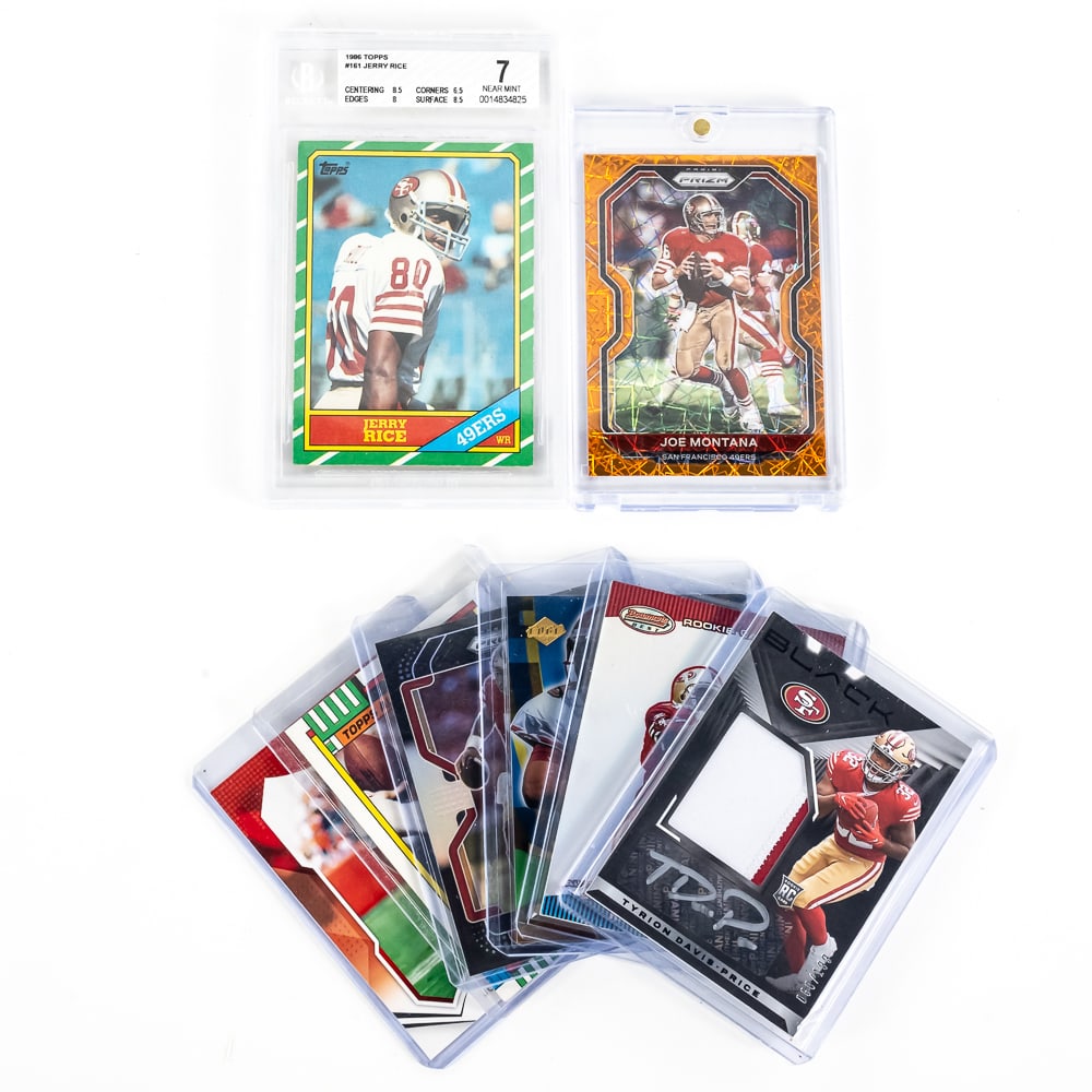 1986 Topps #161 Jerry Rice RC BK 7 Montanna More+: Showcasing 1986 Topps #161 Jerry Rice RC Beckett 7, 2020 Panini Prism #290 Joe Montana Refrctor, 2021 Panini #194 Joe Montana, 1990 Topps #13 Joe Montana, 2021 Panini Prism #PB-4 Trey Lance, 1999 Coll