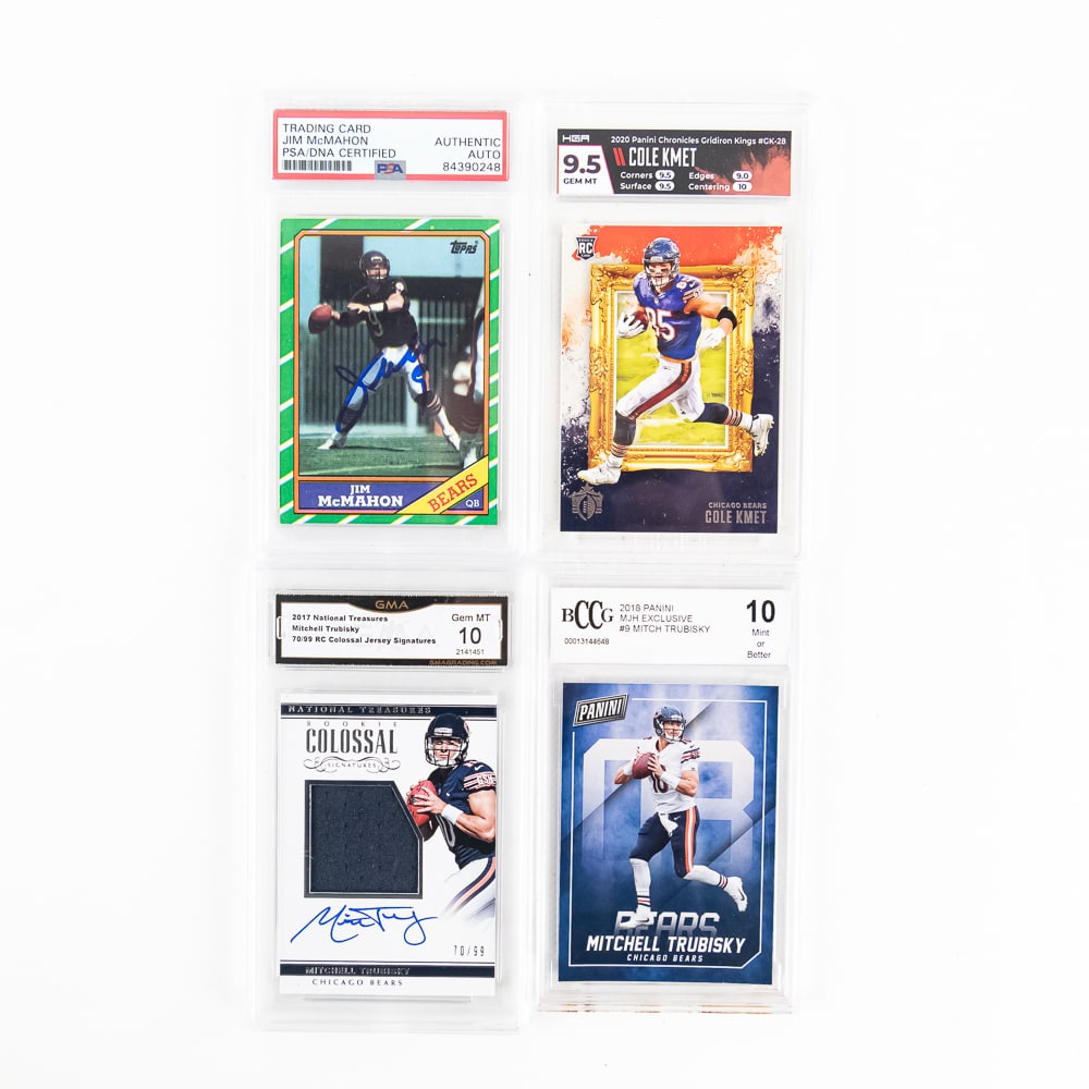 1986 Topps Jim McMahon AUTO Trubisky Auto Relic +: Collection features 1986 Topps #10 Jim McMahon Autographed Football card PSA Authentic Auto, 2017 National Treasures Mitchell Trubisky 70/99 Colossal Jersey Signature GMA 10, 2018 Panini MJH