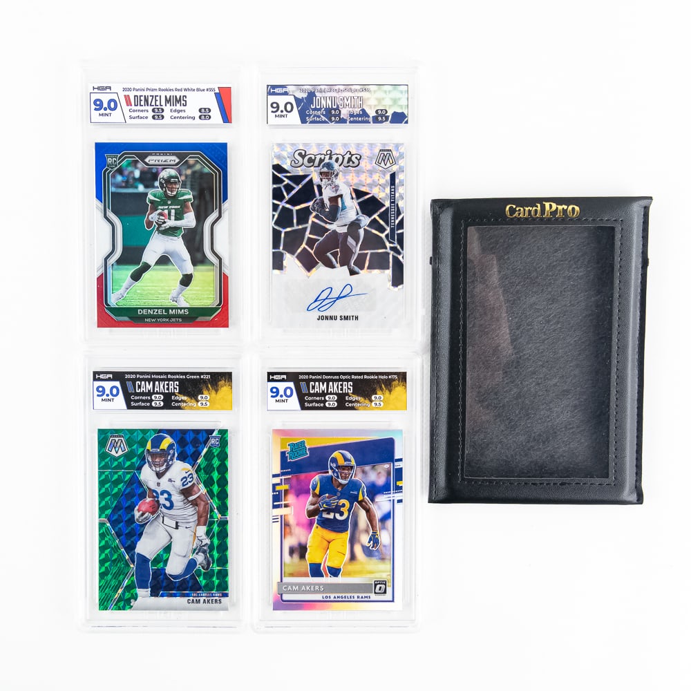 2020 Panini Jonnu Smith AUTO, Cam Akers Mims Slabs: Showcasing 2020 Panini Prism Rookies Red White Blue #355 Denzel Mims HGA 9 featured inside Card pro case, 2020 Panini Donruss Optic RR Holo #175 Cam Akers HGA 9, 2020 Panini Mosaic Rookies Green