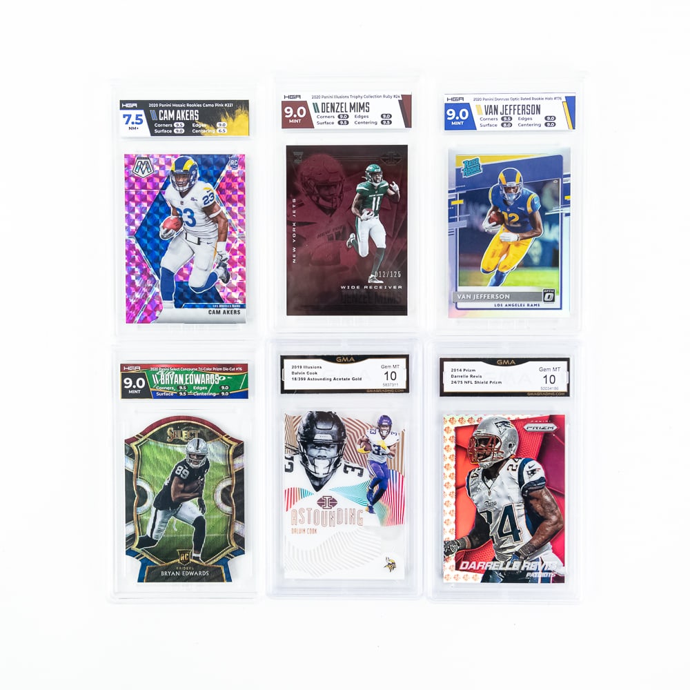 (6)NFL Slabbed Card Assortment Revis Edwards Mims+: Featuring 2019 Illusions Dalvin Cook #18/399 GMA 10, 2014 Prism Darrelle Revis 24/75 NFL Shield Prism GMA 10, 2020 Panini Mosaic Rookies Cameo Pink #221 HGA 7.5, 2020 Panini Select Concourse Tri