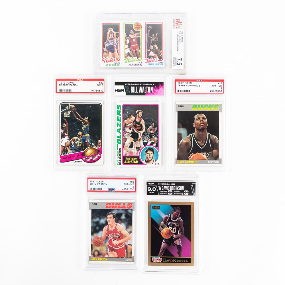 (6)NBA Slabbed Card Assortment Paish Paxon Erving+: Featuring 1979 Topps #1 Bill Walton HGA Slabbed, 1979 Topps #93 Robert Parish PSA 7, 1980 Topps #146 Kolf Erving Johnson RC Beckett 7.5 (slab shows some discoloration), 1987 Fleer #23 Terry Cummings