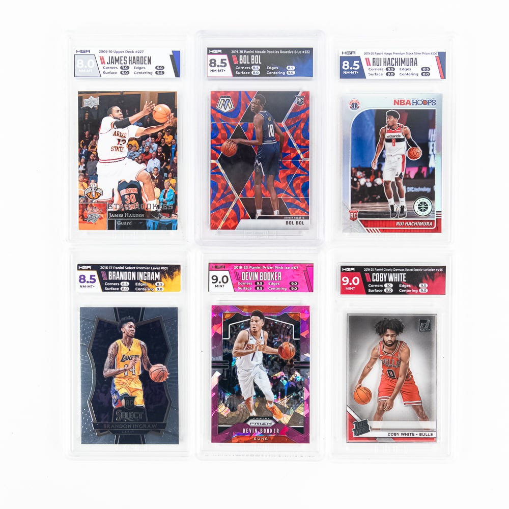 (6) NBA Slabbed Card Assortment Harden Bol Ingram+: Showcasing 2019-20 Panini Hoops Premium Stock Silver Prism #206 HGA 8.5, 2016-17 Panini Select Premier Level #101 Brandon Ingram HGA 8.5, 2019 Panini Clearly Donruss Rated Rookie Variation #V56 HGA